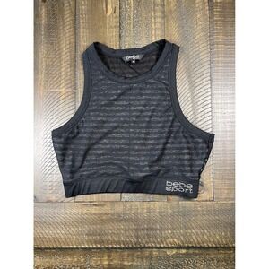 BEBE Sport, Sheer Black Stripe Black Sports Bra, BEBE Crystal Spellout, Size M